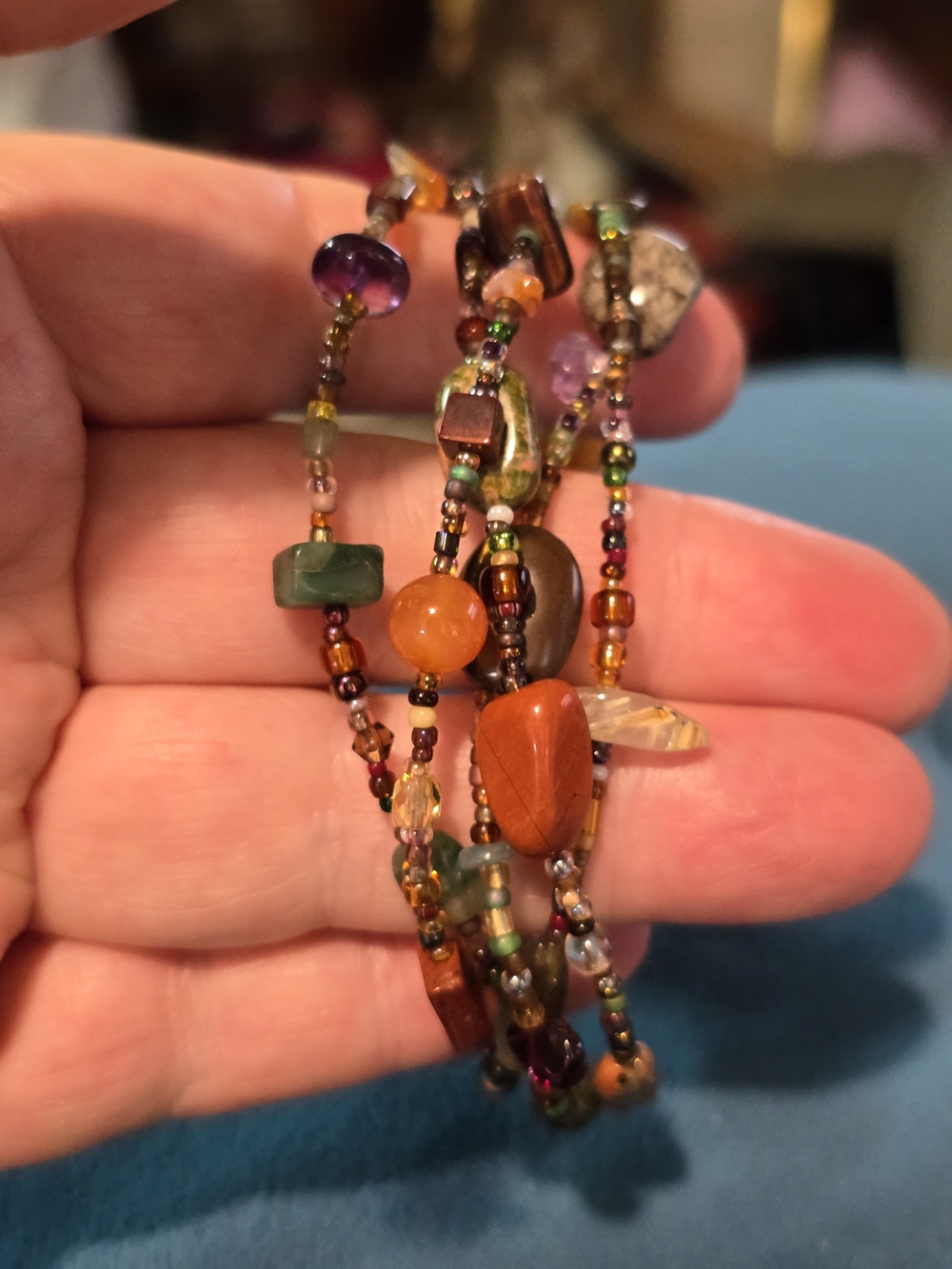 Artisan Multicolor Multi-Gemstone Beaded Wrap Bracelet with Silver Coin Closure - Picture 7 of 7